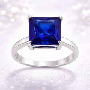 Blue Sapphire Princess Cut Solitaire Ring Rhodium Plated Size 7 Statement Ring